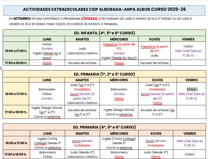 Calendario de actividades do curso 25-26 por etapas educativas